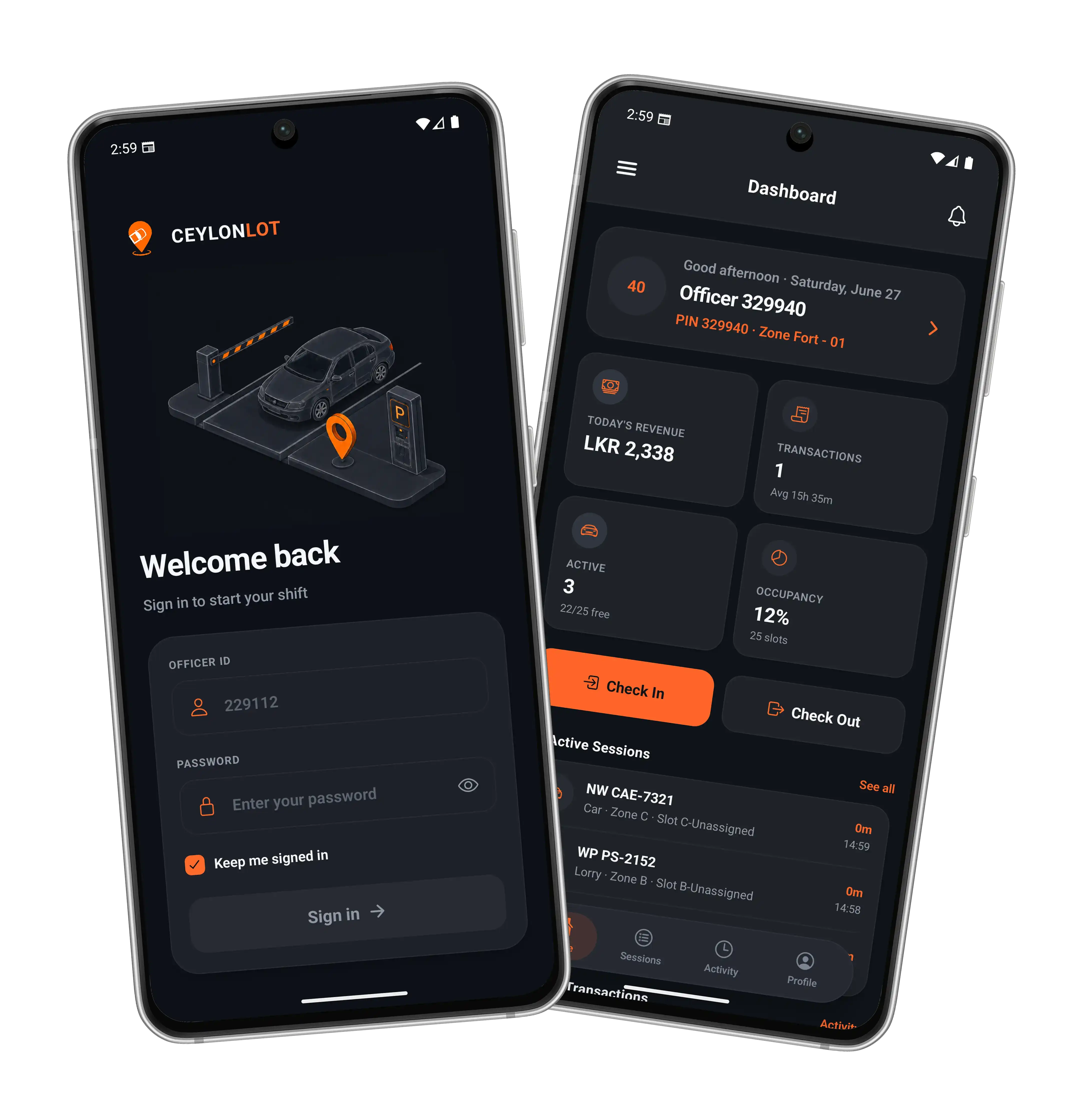 The CeylonLot officer app - the sign-in screen and the live shift dashboard.