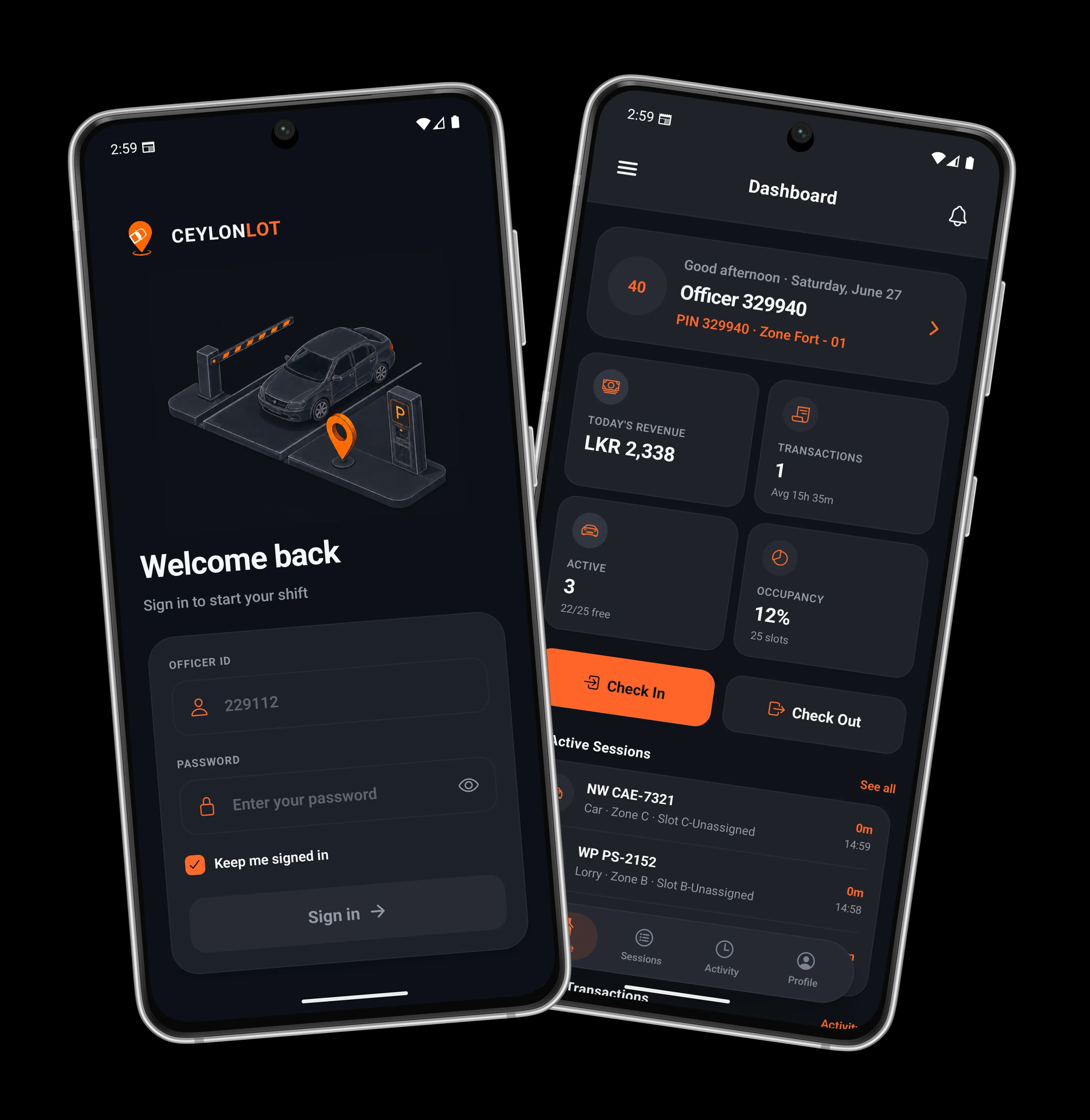 The CeylonLot officer app — the sign-in screen and the live shift dashboard.
