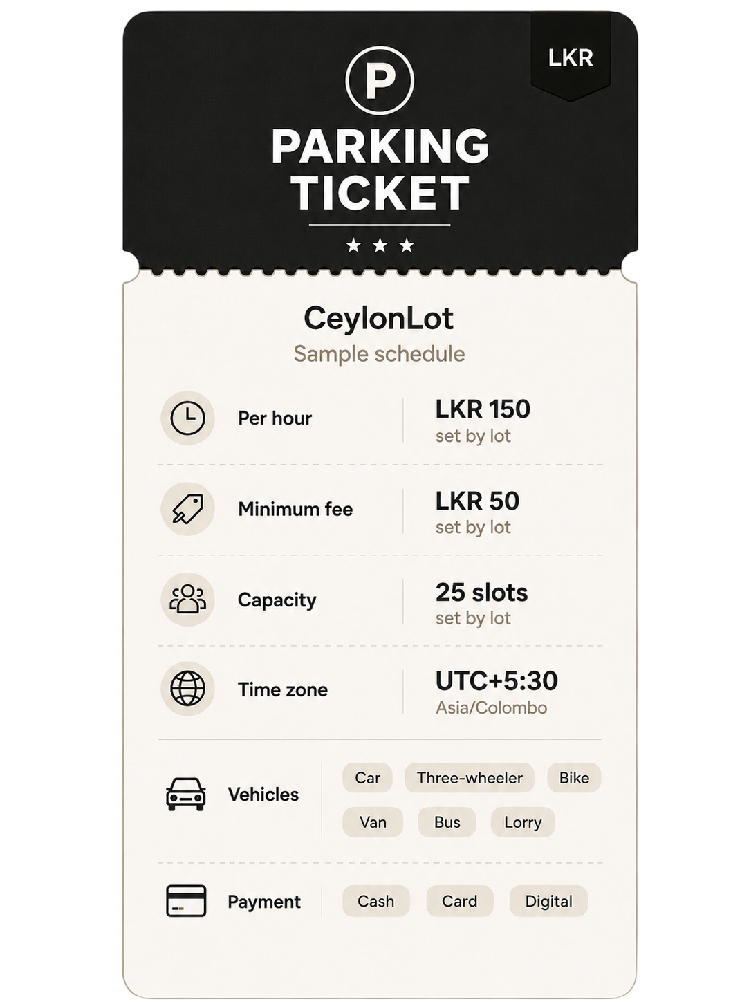 CeylonLot sample schedule — per hour LKR 150, minimum LKR 50, 25 slots, UTC+5:30 Asia/Colombo, vehicles and payment options